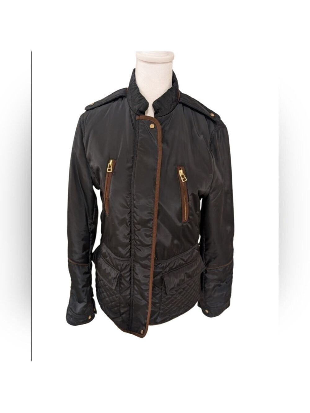 Zara Basic Quilted Jacket, Black & Brown,Size Medium